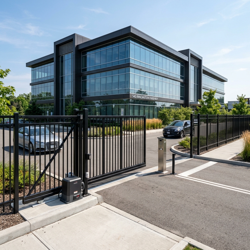 Sleek black commercial aluminum security fence