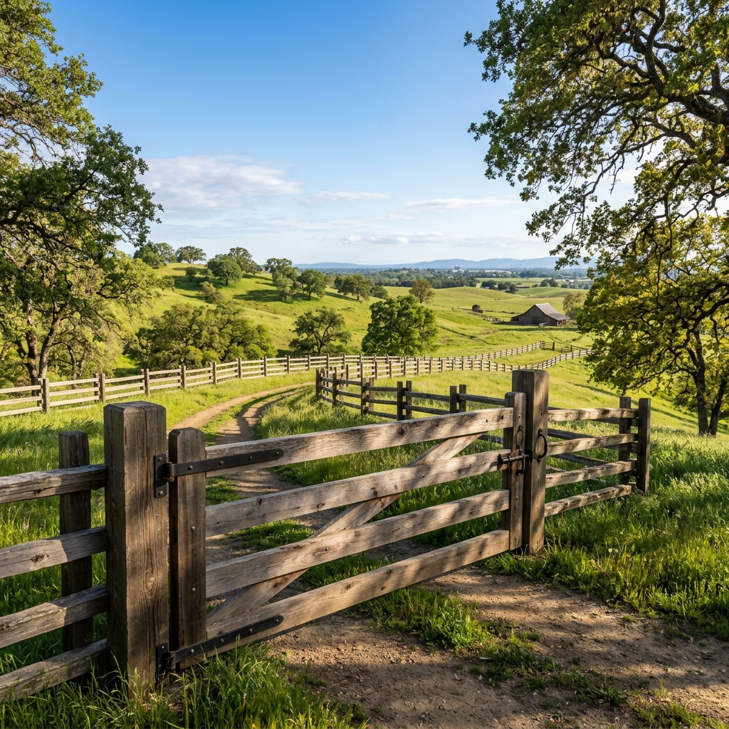Heavy agricultural wood post and rail boundary fence in Sacramento rural region