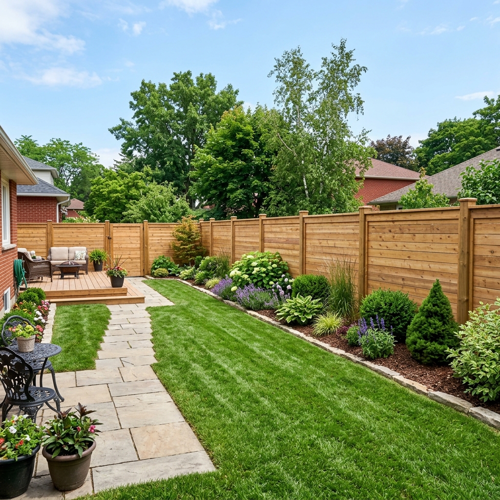 High-quality residential wooden privacy fence in a backyard