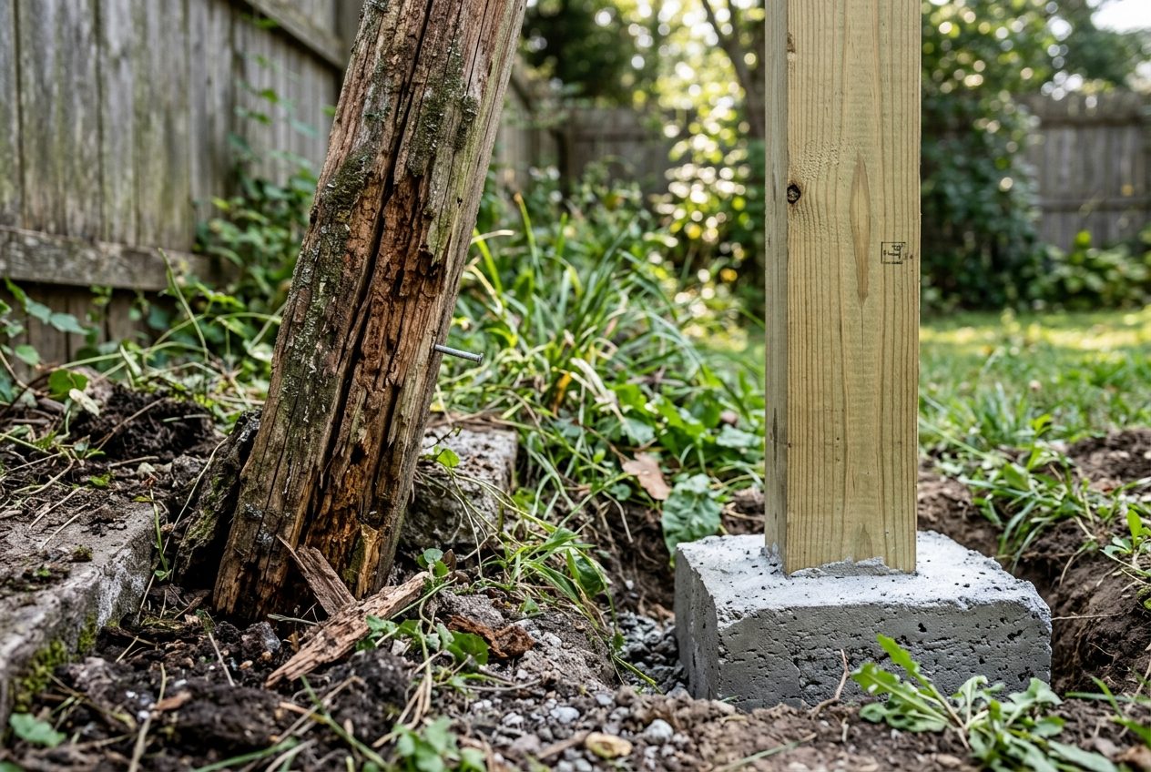 Fence Post Replacement Sacramento Before After Detail